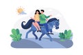 A couple goes horseback riding along picturesque trails in the morning