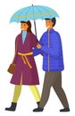 Couple goes in rain. Happy man and woman are walking in city park under an umbrella isolated Royalty Free Stock Photo