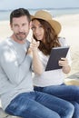 couple before going in sail boat using tablet