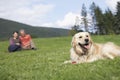 Couple With Golden Retriever On Grass Royalty Free Stock Photo