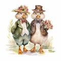 Couple of goose in love. Goose love. Sweet watercolor illustration. Farm birds.