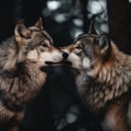 A couple of gray wolves standing next to each other. AI generative image. Royalty Free Stock Photo