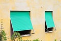 A couple of green windows of a yellow house