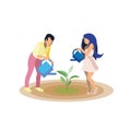 Couple Growing Plant Flat Vector Illustration