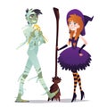 Couple of Halloween characters in cartoon style. Vector illustration of boy in costume of Mummy and girl in costume of Royalty Free Stock Photo