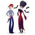 Couple of Halloween characters in cartoon style. Vector illustration of boy in costume of Pirate and girl in costume of Royalty Free Stock Photo