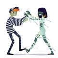 Couple of Halloween characters in cartoon style. Vector illustration of boy in costume of Zombie and girl in costume of