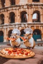 A couple of hamsters sitting on top of a pizza next to coliseum. Generative AI image.
