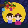 Couple in Hanbok Under Persimmon Tree with Lanterns and Full Moon