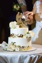 Couple Hands Cutting Wedding Cake. Catering concept Royalty Free Stock Photo