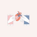 Couple hands holding an anatomical heart. Smartphone digital illustration. Dating application.