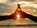 Couple hands holding beer bottles and clanging on the sunset beach. Party, Holiday, Summer, Friendship Concept.