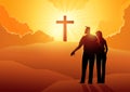 Couple hands reaching to one another on a cross on a hill background Royalty Free Stock Photo