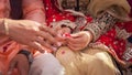 Couple hands ring ceremony, a Hindu wedding ritual