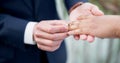Couple, hands and ring for marriage, commitment or wedding in ceremony, love or support together. Closeup of people Royalty Free Stock Photo