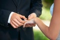 Couple, hands and wedding ring for proposal, commitment or promise in love, care or trust and support at ceremony Royalty Free Stock Photo