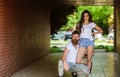 Couple hang out in porch or underground crossing. Couple in love cuddling in porch. Underground date. Girl attractive Royalty Free Stock Photo