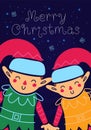 Couple of happy elves on night festive snowy background. Merry Christmas template of card, poster, flyer. Happy New Year cute Royalty Free Stock Photo