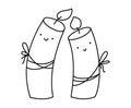 Couple of happy love smiling romantic doodle burning candles. Vector line christmas illustration. Pair of cute elements