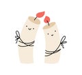 Couple of happy love smilling doodle burning candles. Vector christmas illustration. Pair of cute elements for winter