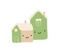 Couple of happy love smilling doodle houses. Vector christmas illustration. Pair of cute elements for winter design. Joy