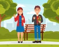 Couple of happy man and woman meeting in city park after online dating. First romantic date in public place cartoon Royalty Free Stock Photo
