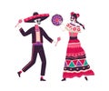 Couple of happy Mexican skeletons in holiday costumes for Day of Dead. Catrina and skull man dance and play music with