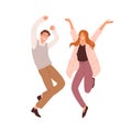 Couple of happy people dancing and jumping. Successful workers celebrating victory. Man and woman having fun together Royalty Free Stock Photo