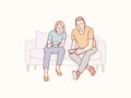 Couple happy playing game with joystick on sofa simple korean style illustration
