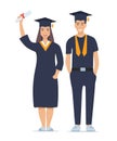 Couple of happy smiling graduates with diplomas. Man and woman graduated from university. Vector illustration isolated on white Royalty Free Stock Photo