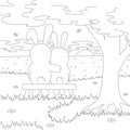 A couple of hares on the bench admire the sunset. Coloring book