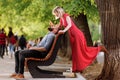 Couple have fun in the city. Very happy couple having a good time. Couple having fun. Smiling couple. couple eating ice cream. Royalty Free Stock Photo