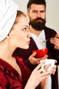 Couple having breakfast. Husband and wife. Coffee in morning. Love, romantic, lifestyle. Royalty Free Stock Photo