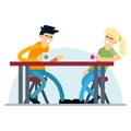 Couple having coffee date. Flat design vector concept on young adult man and woman enjoying their conversation.