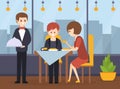 Couple Having Dinner in Restaurant, Waiter Serving and Taking Order Dishes, Hotel Restaurant Interior Cartoon Vector