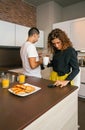 Couple having fast breakfast before go to work