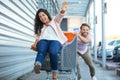 couple having fun while choosing food in supermarket Royalty Free Stock Photo