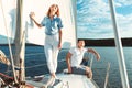 Couple Having Fun On Luxury Yacht Enjoying Boat Tour Outdoors Royalty Free Stock Photo