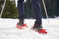 Couple having fun and walking in snow shoes Royalty Free Stock Photo