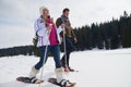 Couple having fun and walking in snow shoes Royalty Free Stock Photo