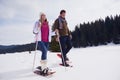 Couple having fun and walking in snow shoes Royalty Free Stock Photo