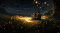 couple having a moonlit picnic in a meadow surrounded by glowing fireflies