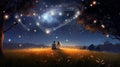 couple having a moonlit picnic in a meadow surrounded by glowing fireflies