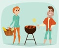 Couple having a picnic. Bbq party concept. Cartoon vector Royalty Free Stock Photo