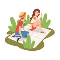 Couple Having Picnic In Park, Young Man And Woman Sitting on Plaid and Relaxing Vector Illustration Royalty Free Stock Photo