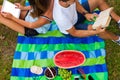 Couple having picnic. Pretty girl reads. Man is using tablet Royalty Free Stock Photo