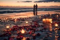 Couple is having a private event dinner on a tropical beach during sunset time: Honeymoon concept Royalty Free Stock Photo