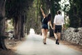 Couple having a walk in nature.Making a company.Stress free,freedom feeling.Happiness and mindfulness.Serene relationship.Soul mat Royalty Free Stock Photo