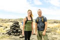 Couple at the Hawaii Volcano National Park, Pu u Loa petroglyphs, amazing walk into the past. Royalty Free Stock Photo