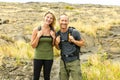 Couple at the Hawaii Volcano National Park, Pu u Loa petroglyphs, amazing walk into the past. Royalty Free Stock Photo